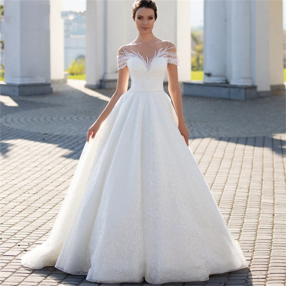 Shiny Off The Shoulder Wedding Dress For Bride 2022 Fashion Glitter Lace A-Line Bridal Gowns Floor Length Custom Made Gillter