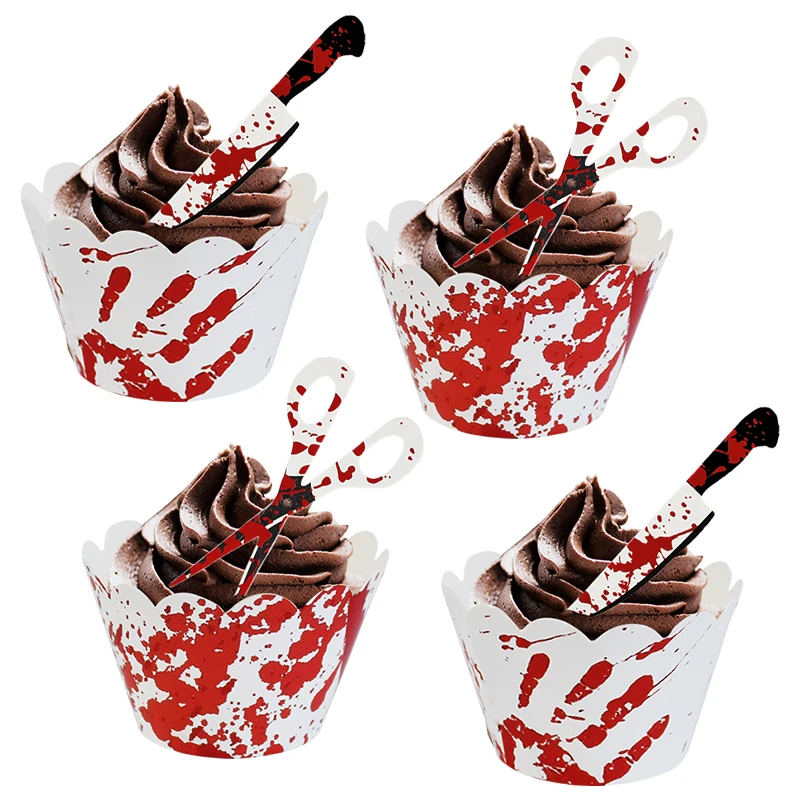 24/48Pcs Halloween Cupcake Wrapper Toppers Bloody Knife Scissors Cake Decoration Halloween Birthday Party Supplies Baking Tools