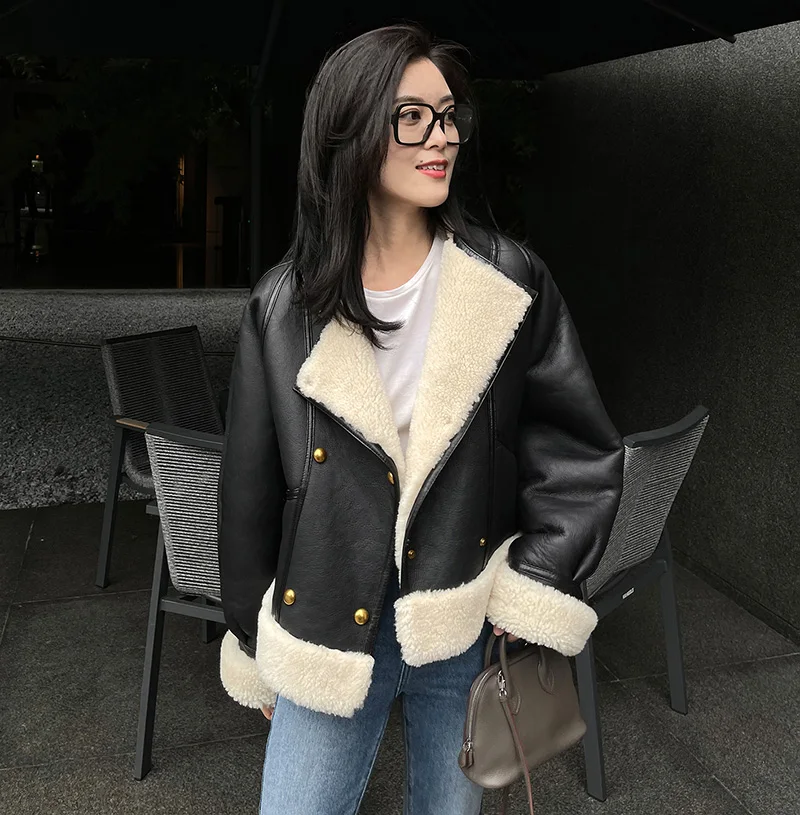 Lady Wool Shearling Leather Jackets Genuine Sheepskin Short Coat Luxury Fashion Overcoat Streetwear 2022 New Winter MH5045L
