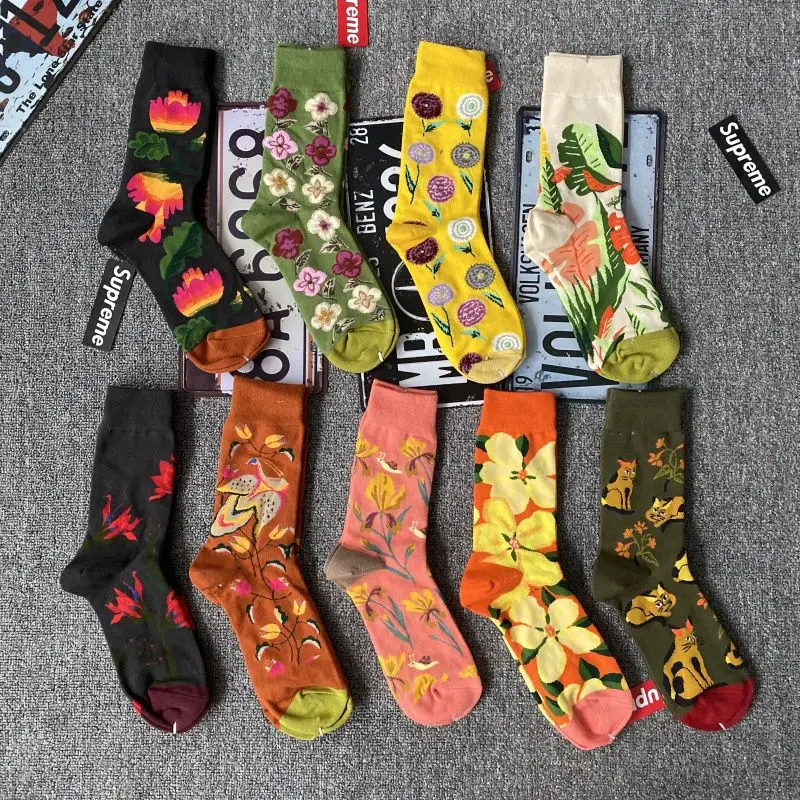 

Artistic Retro Style Cotton Socks Plant Flower Trend Sports Cute Harajuku Mid Tube Casual Crew Socks Women Size 35-42 Socks