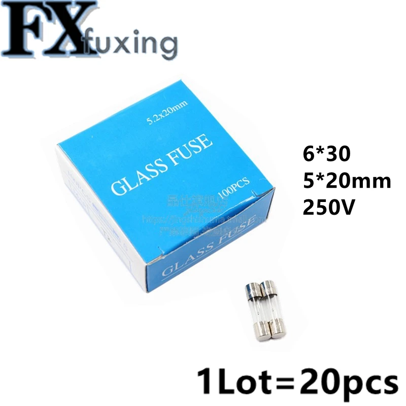 20pcs 5*20mm6*30mm T/Slow Blow Glass Fuse 250V 0.5 1 2 3 3.15A 5 6 8 10 15A 20A AMP Fuse Electronic Component Voltage Protection
