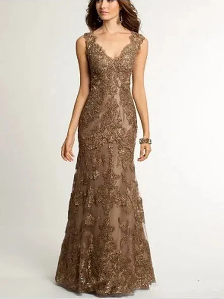 Mermaid Trumpet V Neck Lace Appliques Crystal Beaded Mother of the Bride Dress Formal Party Wedding mother bride dresses women party dresses