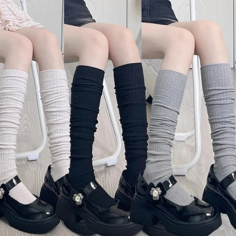 Harajuku Over The Knee High Socks Thin Long Stacked Socks Women's High Solid Colour White Knitted Sock High Elasticity Stockings