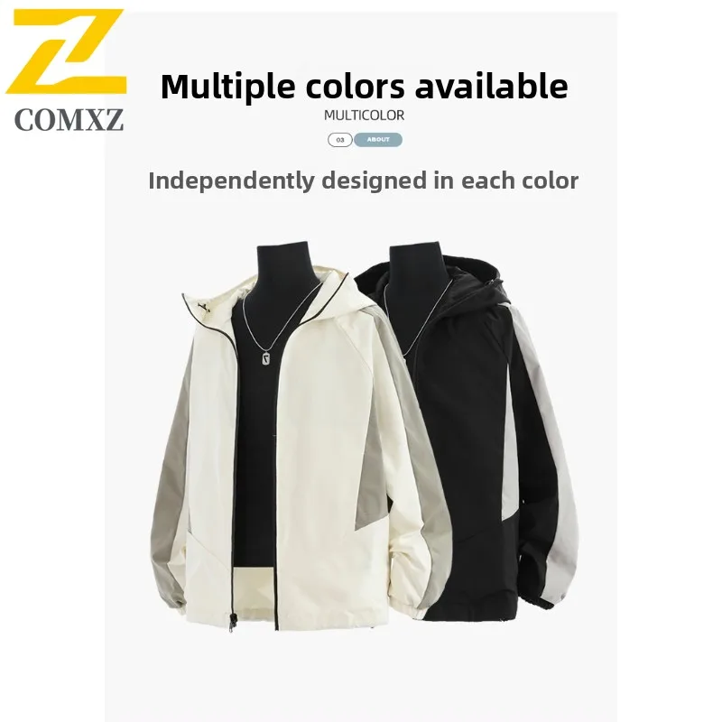 COMXZ Couple Color Block Double Sided Wear Loose Fit Waterproof Hooded Windbreaker 2025 Spring Autumn Casual outdoor Jacket Coat