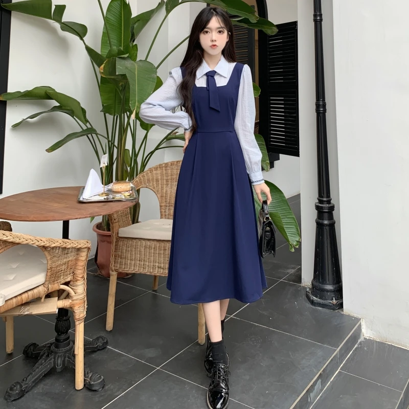 

2023 Spring Plus Size Womenswear French Dress Preppy Vintage Medium Length Neck Waist Female Clothing Free Shipping