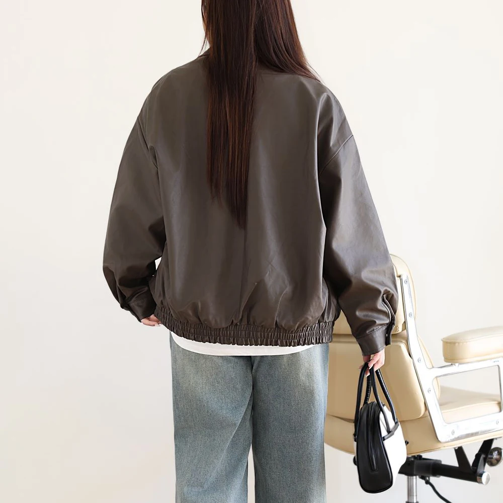 Retro Cocoa Brown Motorcycle Jacket For Women Casual Loose Premium PU Leather Coat Plus Size Autumn N8805