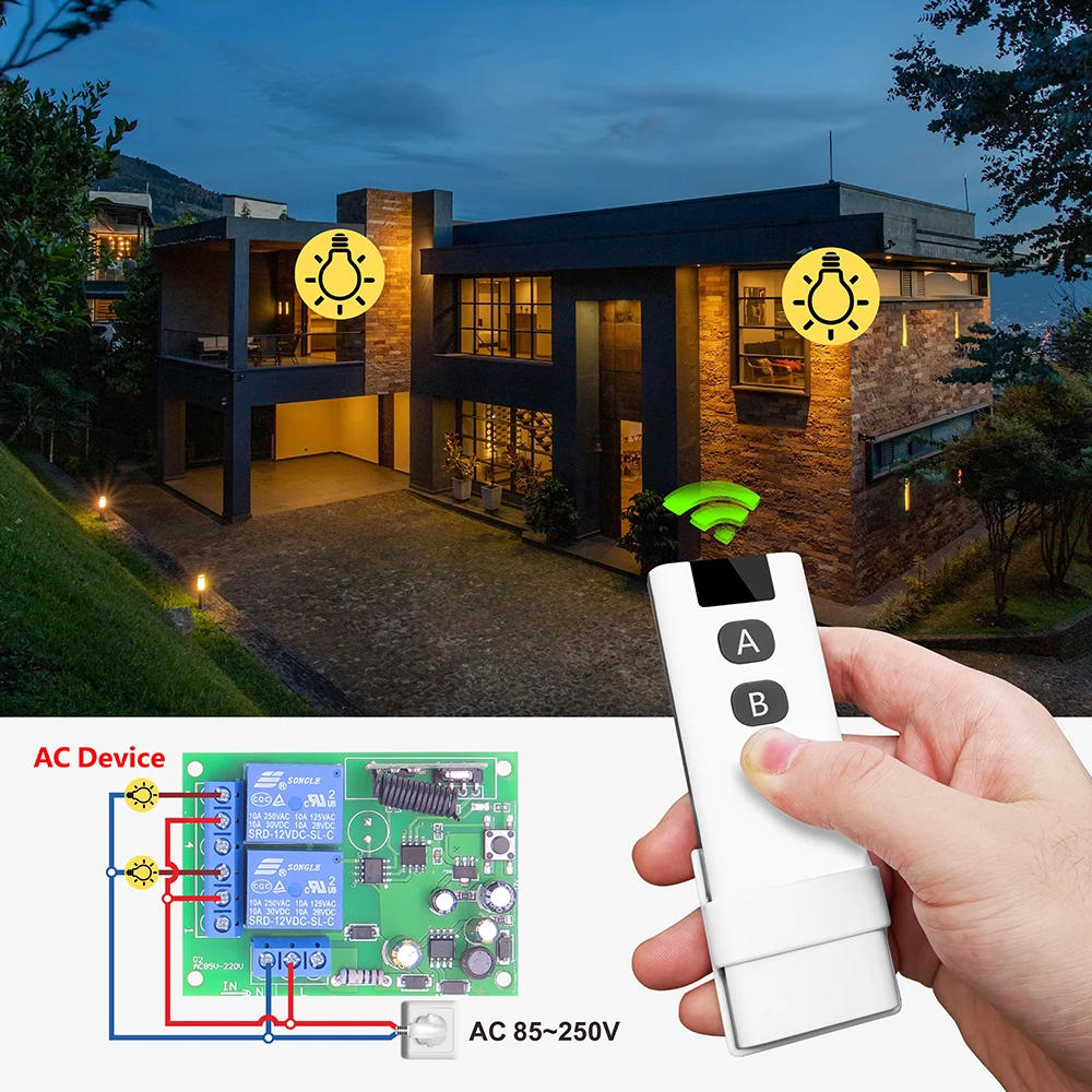 Interruttore di controllo remoto Wireless universale 433MHz modulo relè 110V 220V 2CH e trasmettitore da 60m per luce/cancello del Garage/gru/fai da te