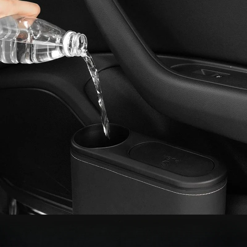 자동차 쓰레기통 교수형 쓰레기통 가죽 ABS 누르면 하드 쓰레기 상자 음료 홀더가있는 범용 후면 행 주최자