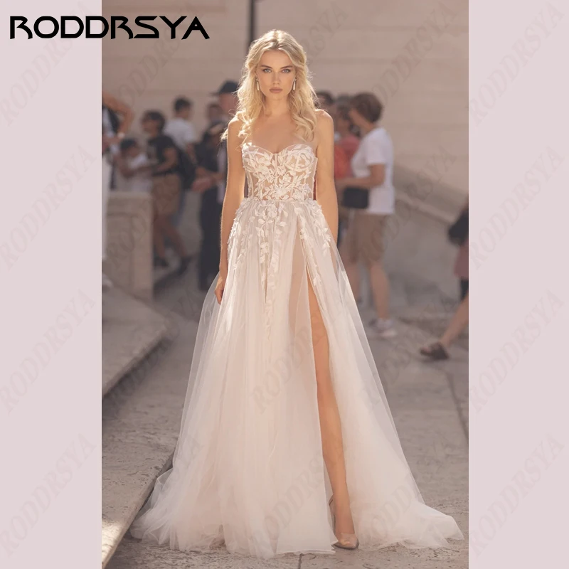 

RODDRSYA Tulle Strapless Wedding Dresses Sweetheart Sleeveless Bridal Gowns Lace A-Line Robe De Soirée High Split Bride Party