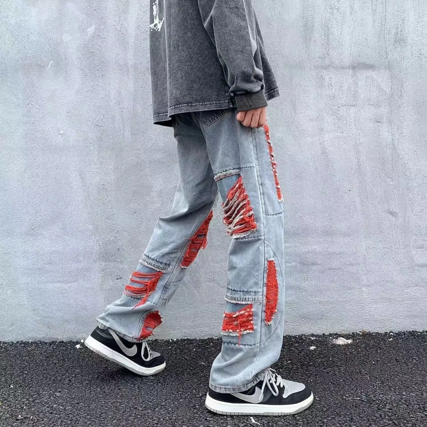 Autumn men\'s casual jeans American ins trend brand high street niche design Y2K retro washed distressed casual trousers hot sale