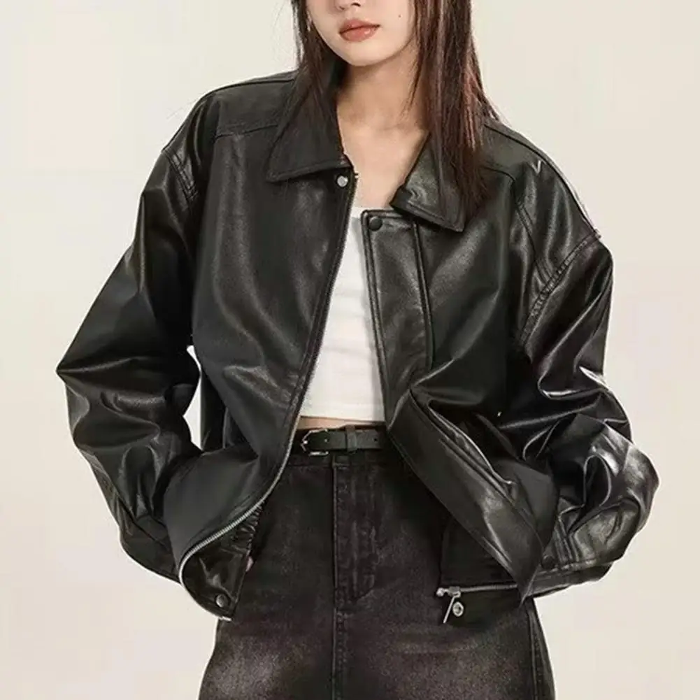 Women Faux Leather Jacket Vintage American Style Women