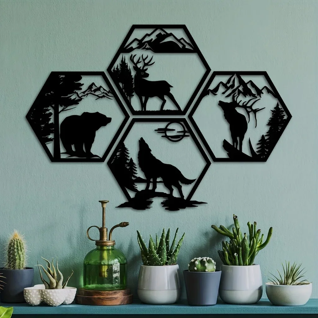 

CIFBUY Decoration 4pcs Home Decorative Frames Elk Deer Wolf Bear Hexagonal Metal Wall Sculpture Leaked Black Rustic Metal Forest