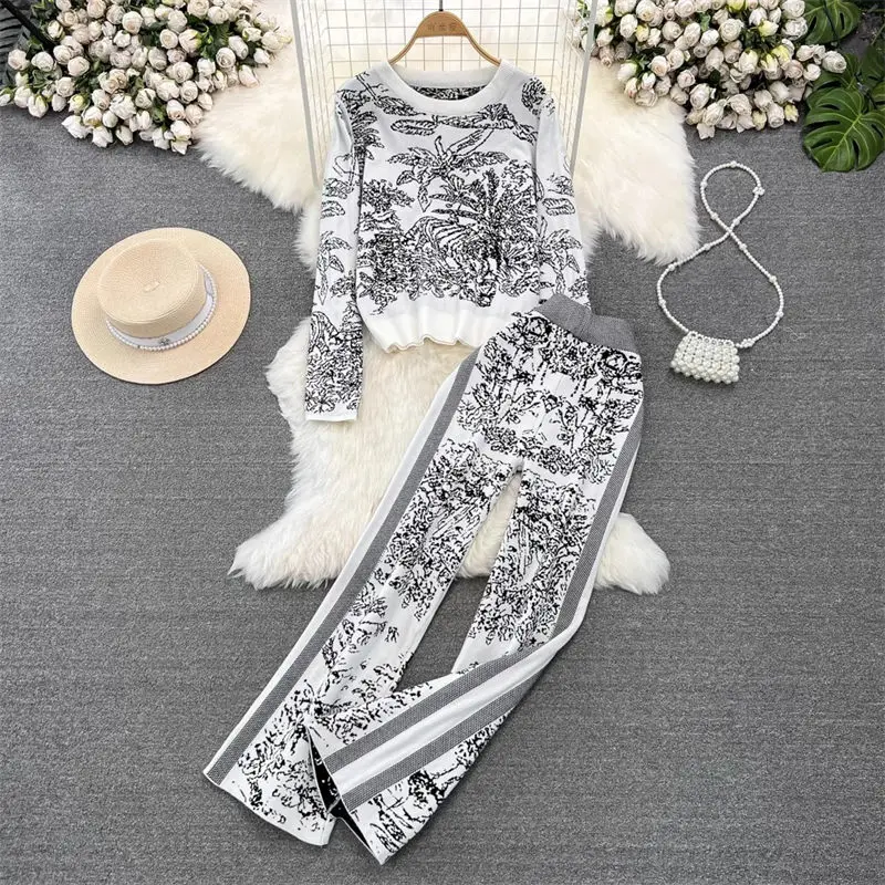 

Женский жаккардовый комплект из двух предметов, винтажный свитер с рисунком джунглей, трикотажный топ с высокой талией и широкие брюки, Z3018