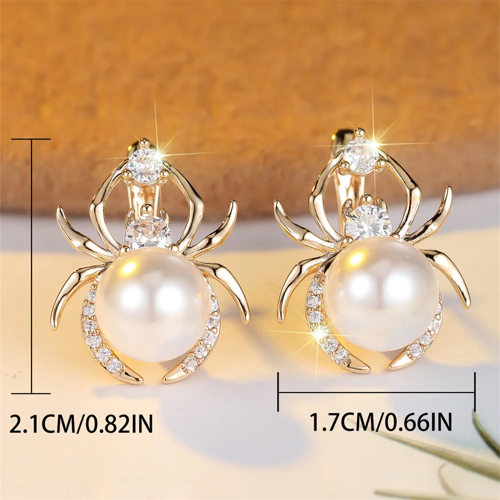 Simulated Pearl White Zircon Spider Hoop Earrings For Women Vintage Gold Color Ear Buckle Wedding Jewelry Halloween Party Gifts