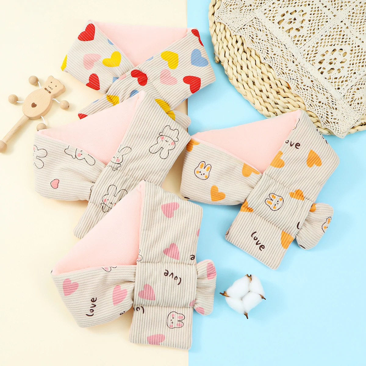 Boys Girls Winter Scarfs Thick Plush Cross Children's Scarf Baby Bib Cute Cartoon Rabbit Neck Protection Warm Shawl