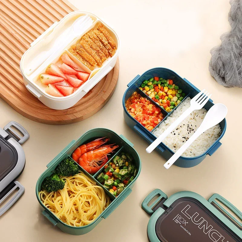 Portable Single Double-layer Lunch Box Compartment Fruit Food Microwave Lunch Box with Fork and Spoon Picnic Fresh Box