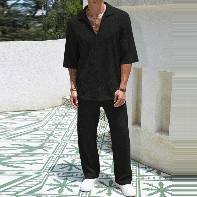 2024 Spring Summer Casual Cotton Shirts And Pants Suits Men Vintage Half Sleeve Irregular Cardigan Two Piece Sets Mens Outfits - 02 Black, XXXL