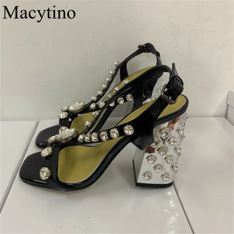 

Rhinestone Rivet Chain Ladies Sandals Square Toe Chunky Heel Diamond Heel Sandals Fashion Party Sandals