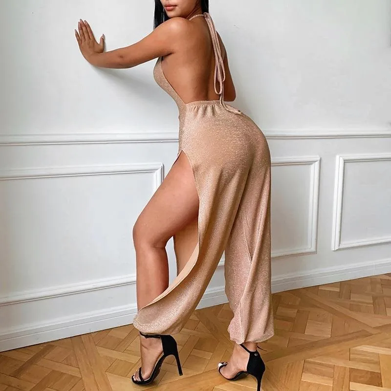 Women's Backless Halterneck Playsuits Sleeveless Bodysuits High Waist Wide Leg Split One-piece Suit Female Jumpsuit 5959