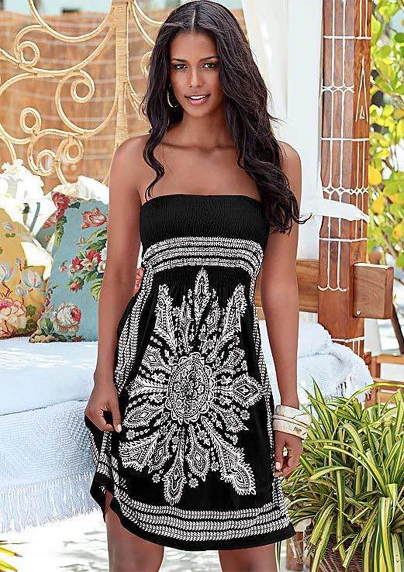 

Women's Fashion Print Slim Sexy Strapless Dress Summer Elegant Casual Beach Style Dresses In A Variety Of Color Styles