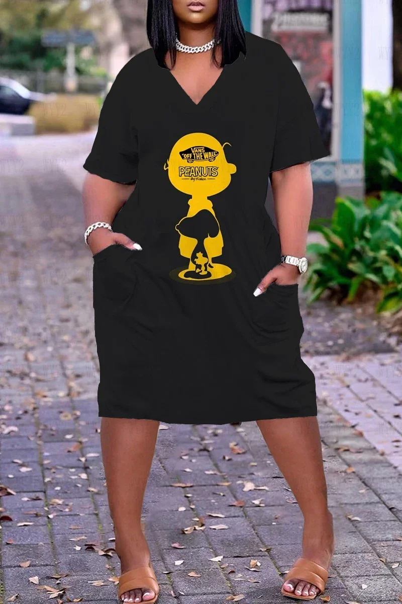 

Pocket Midi Dresses for Women 2023 V-neck Loose Vintage Comfort Women's Summer Sundresses Woman Clothes Y2k Dress Ladies Skirts