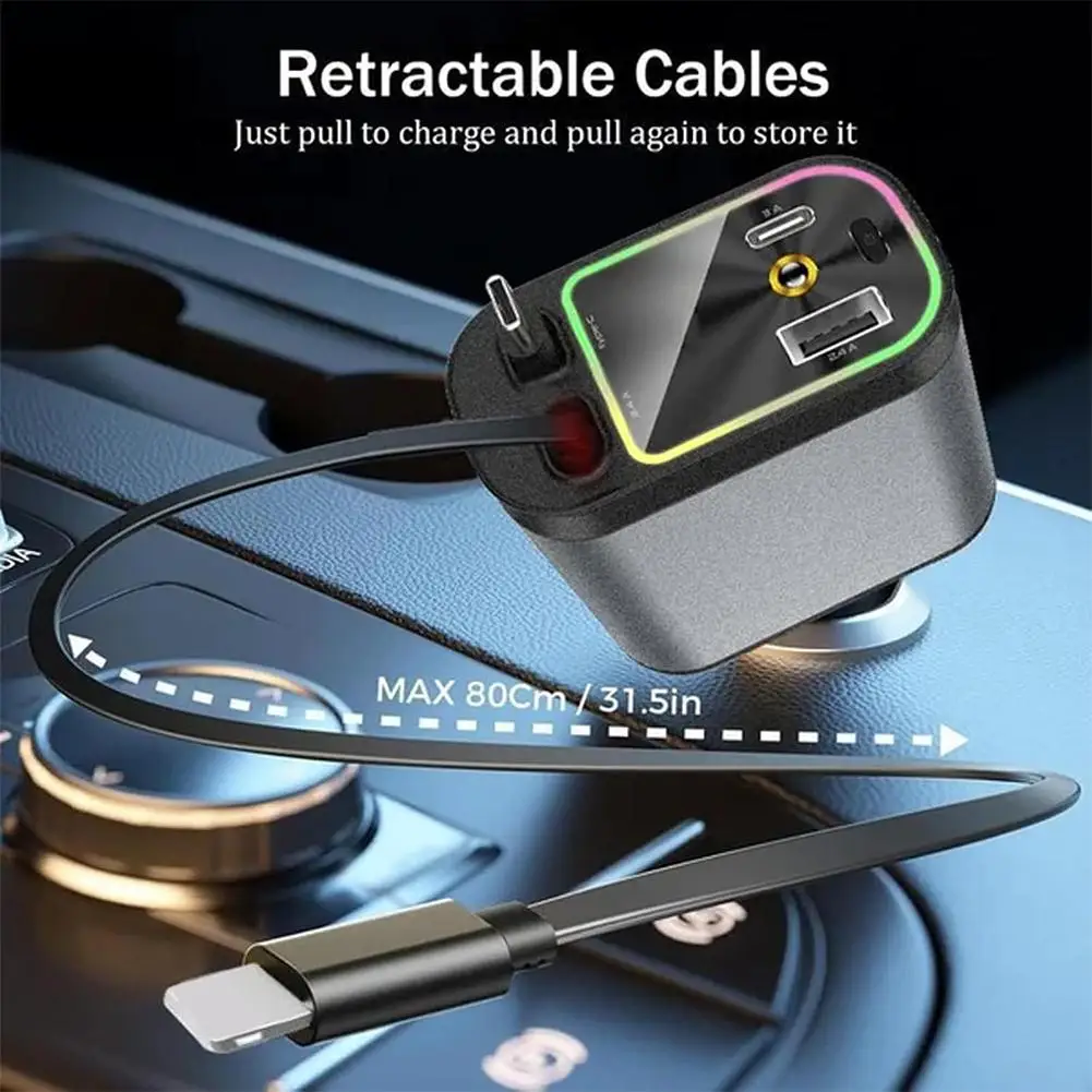 Caricabatterie Da Auto Veloce Con Proiettore Starlight 4-in-1 - 69W, Cavi Retrattili Type-C E IOS, 2 Porte USB - 3