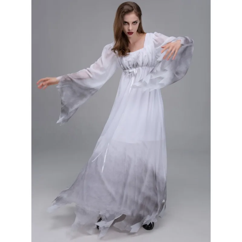 Halloween Ghost Zombie Girl Costume Scary Zombie Outsuit Vampire Bride Cosplay Dresses White Squre Collar Flare Sleeve Vestidos