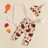 2024-07-23 Lioraitiin Baby Girls Boys First Thanksgiving Outfits Letter Print Long Sleeve Romper with Turkey Pattern Pants Set 3