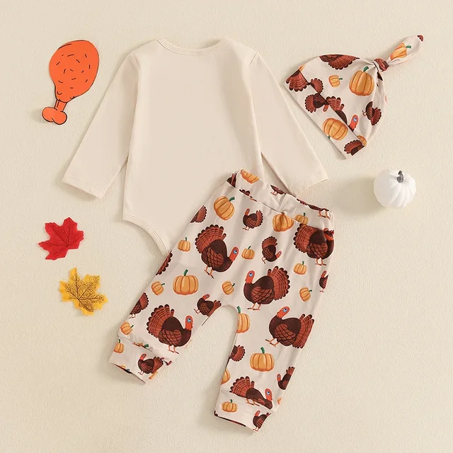 2024-07-23 Lioraitiin Baby Girls Boys First Thanksgiving Outfits Letter Print Long Sleeve Romper with Turkey Pattern Pants Set 3