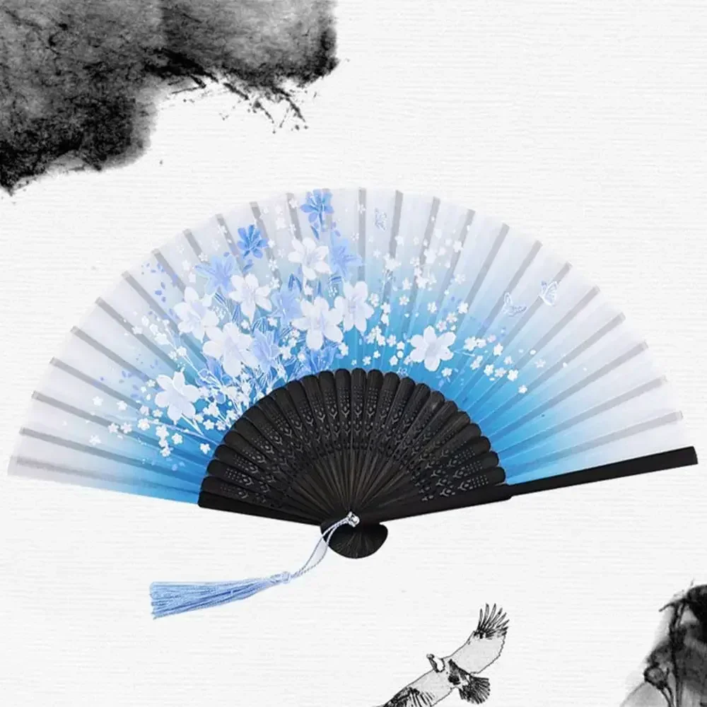 Elegant Silk Vintage Folding Fan with Colorful Tassel - Bamboo Hand Fan for Classical Dance and Home Decor