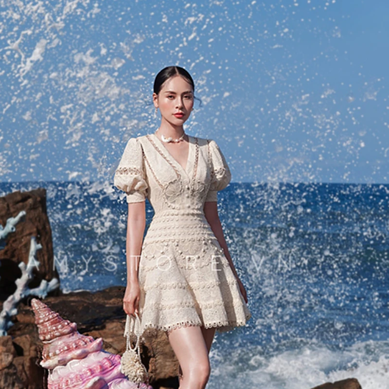 Boho Short Puff Sleeve Elegant Woman Dress Summer 2022 High Waist Runway Beach Embroidery Lace Party Dresses for Women Vestido |