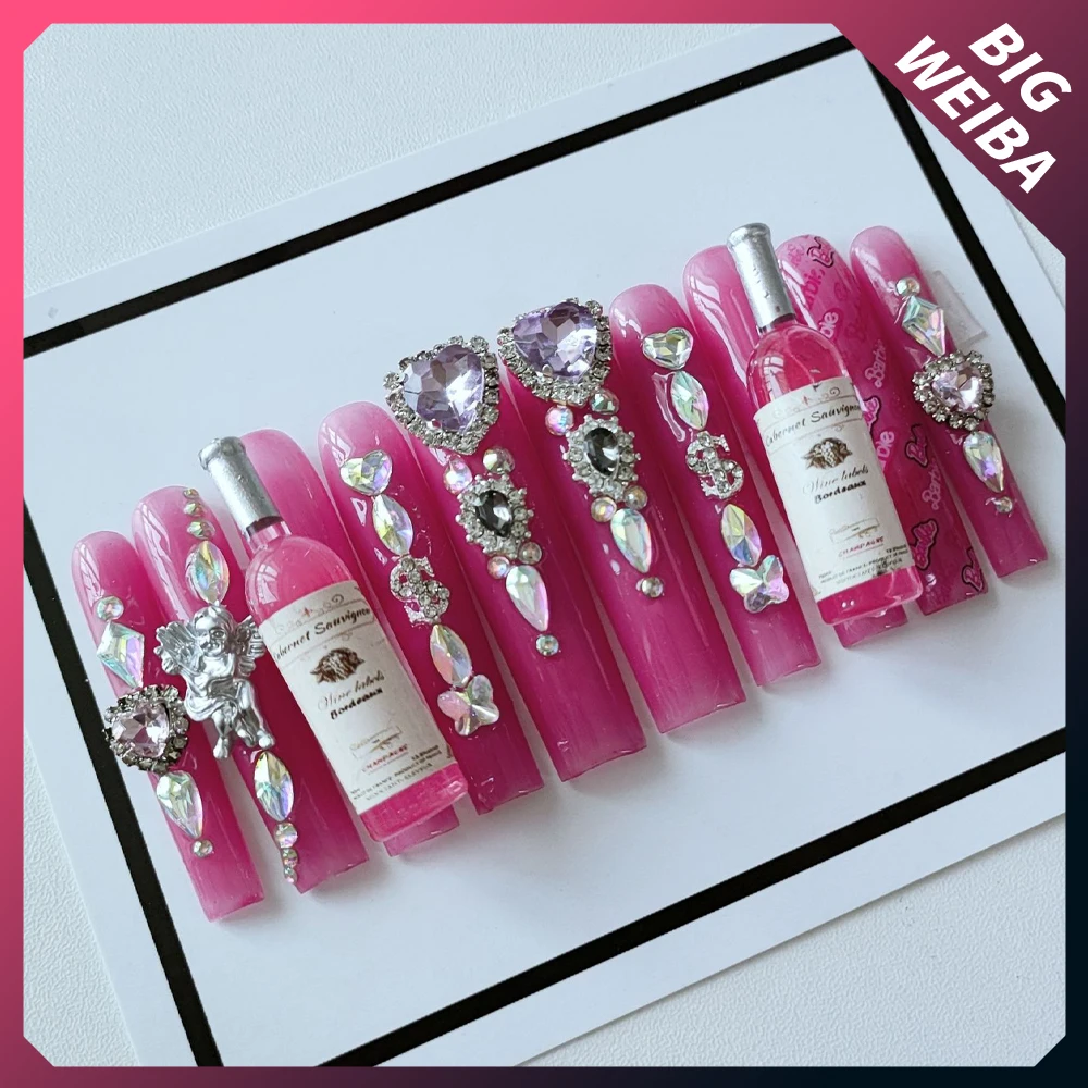 

XXXL Extra Long Quadrate 3D Stereo Wine Bottle Handmade Wearable Fake Nails Luxury Diamond Sparkling Full Cover Nail Tips