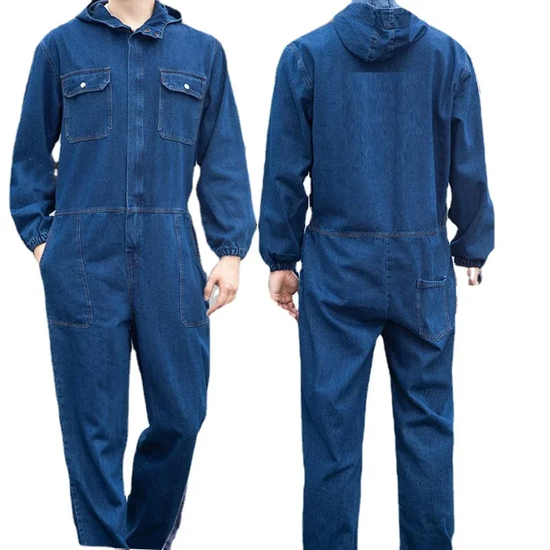 

Denim Coveralls Electric Welding Suit Labor Insurance Clothes Auto Repairman Workwear Hooded Overalls 170/175/180/185/190cm 4XL