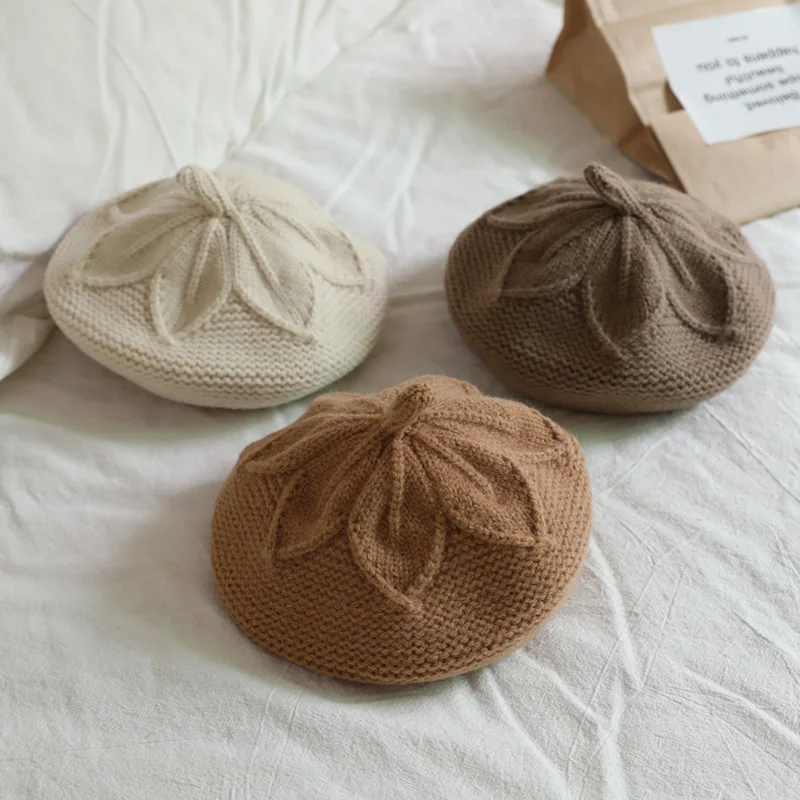 Solid Color Children Baby Beret Hat Winter Warm Knitted Beanie Cap for Infant Girls Toddler Princess Artist Painter Caps 3