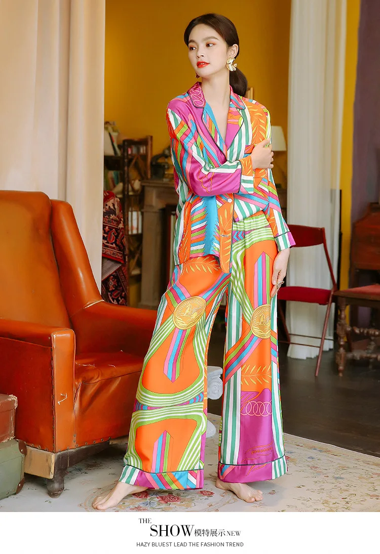 Women's pajamas long-sleeved trousers silk suit ladies two-piece suits женское бельё sleepwear