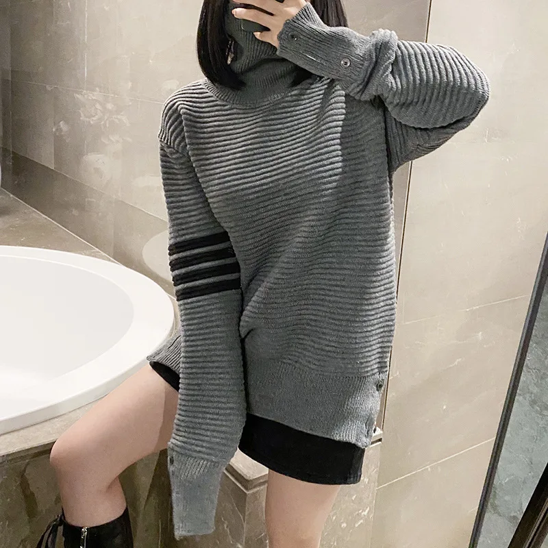 

High Quality Korean Fashion TB Spring 2023 New Turtleneck Off-white Sweater, Cashmere Stripe Four-bar Korean Knitwear Unisex