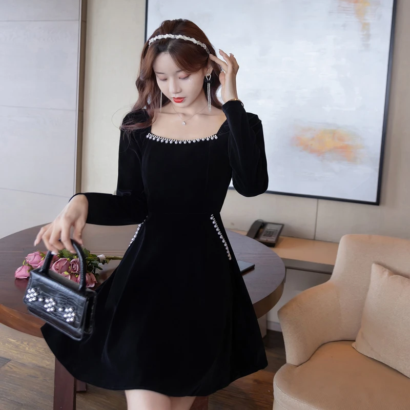 Long Sleeve Black Dresses Women Black Dress Diamond Collar Office