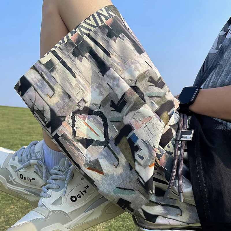 Summer Beach Short Pants Drawstring Elastic Waist Print Cool Short Trousers Baggy Street Trend Breathable Sweatpants
