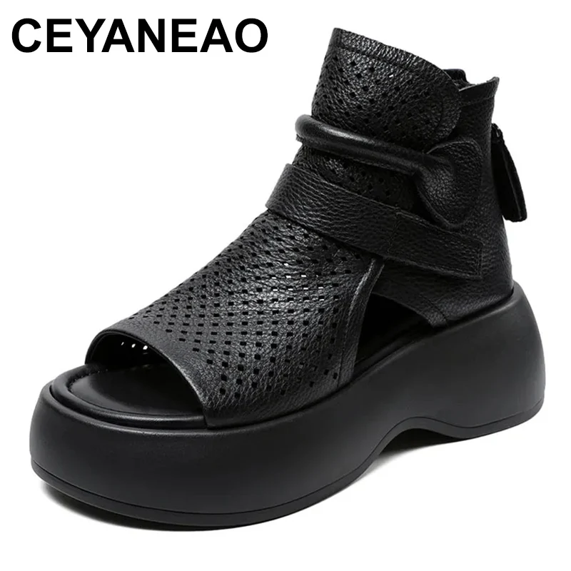 

2023 Handmade Retro Wedges Heel Sandals Women Open Toe Genuine Leather Platform Hollow Summer Shoes Women Casual Sandals