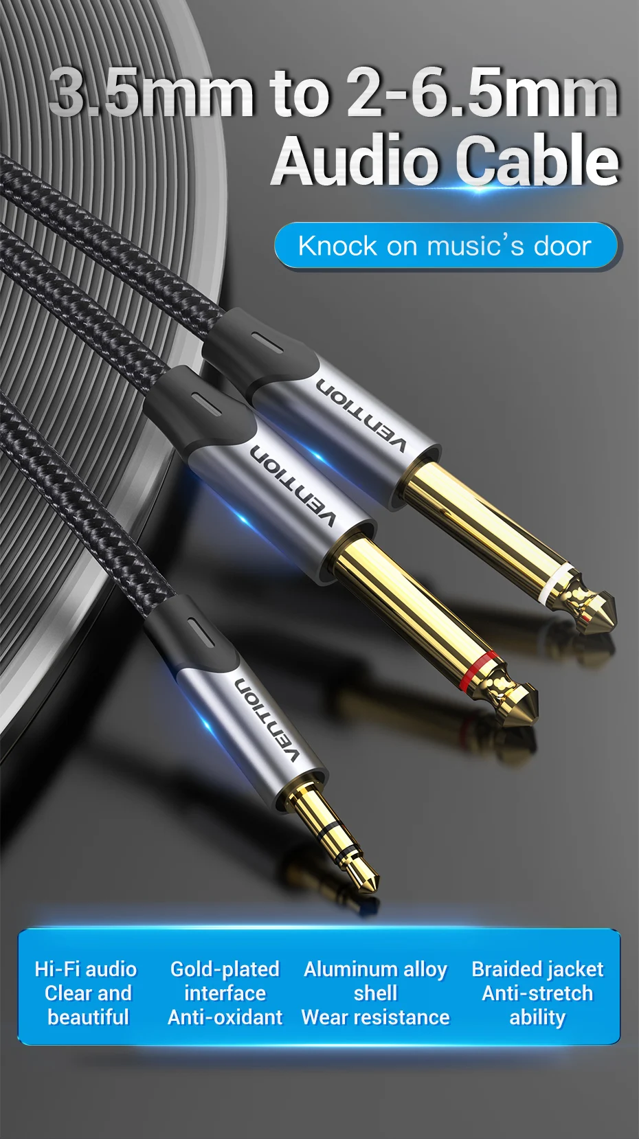 3.5mm to Double 6.5mm TRS Cable AUX Adapter Audio Cable 6.5 Jack to Stereo 3.5 J