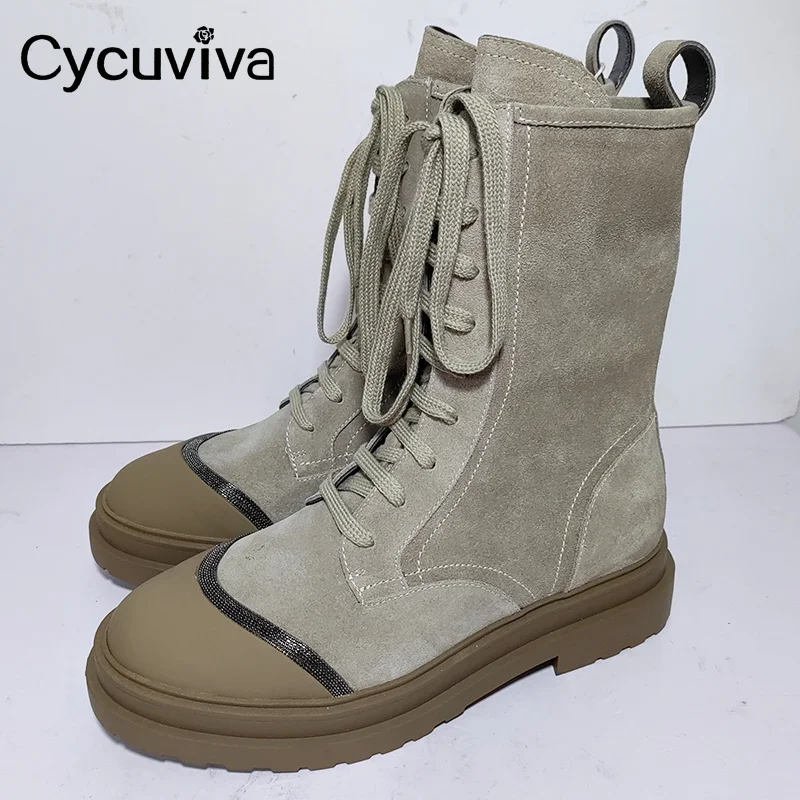 

Женские ботинки челси на толстой подошве, замшевые ботинки из качественной кожи на шнуровке до середины икры, сапоги В рыцарском стиле на массивном каблуке, 2023