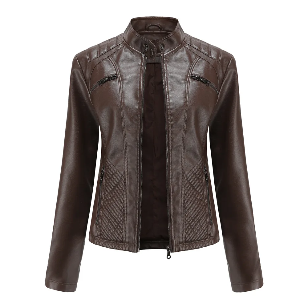 Purchase New Women's Casual Leather Jacket with Stand Up Collar and Slim Fit, Spring and Autumn Zipper Motorcycle Women's Leathe