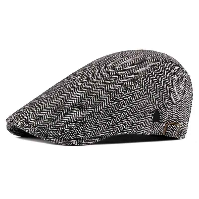 Newsboy Cap Men Winter Wool Thick Warm Vintage Herringbone Casual Stripe Berets Gatsby Flat Hat Peaked Cap old style Adjustable