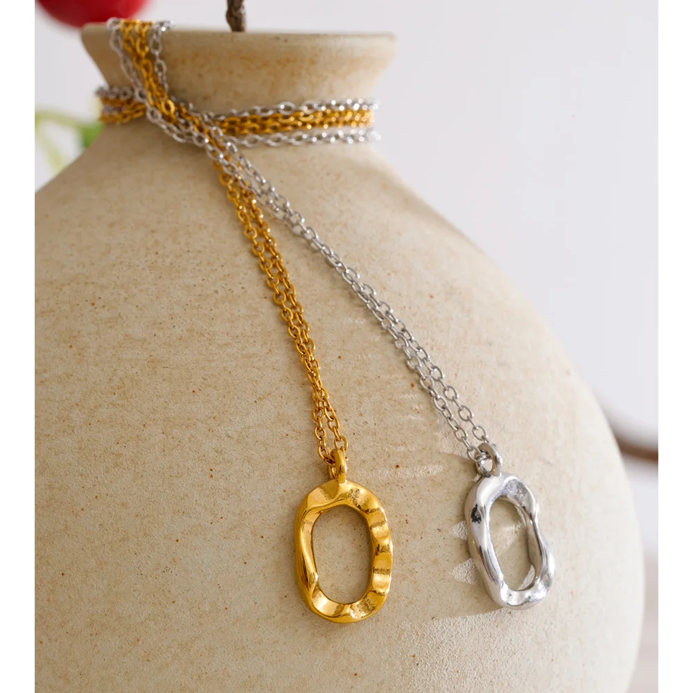 Yhpup Jewelry Hollow Oval Pendant Necklace Stainless Steel 18K PVD Plated