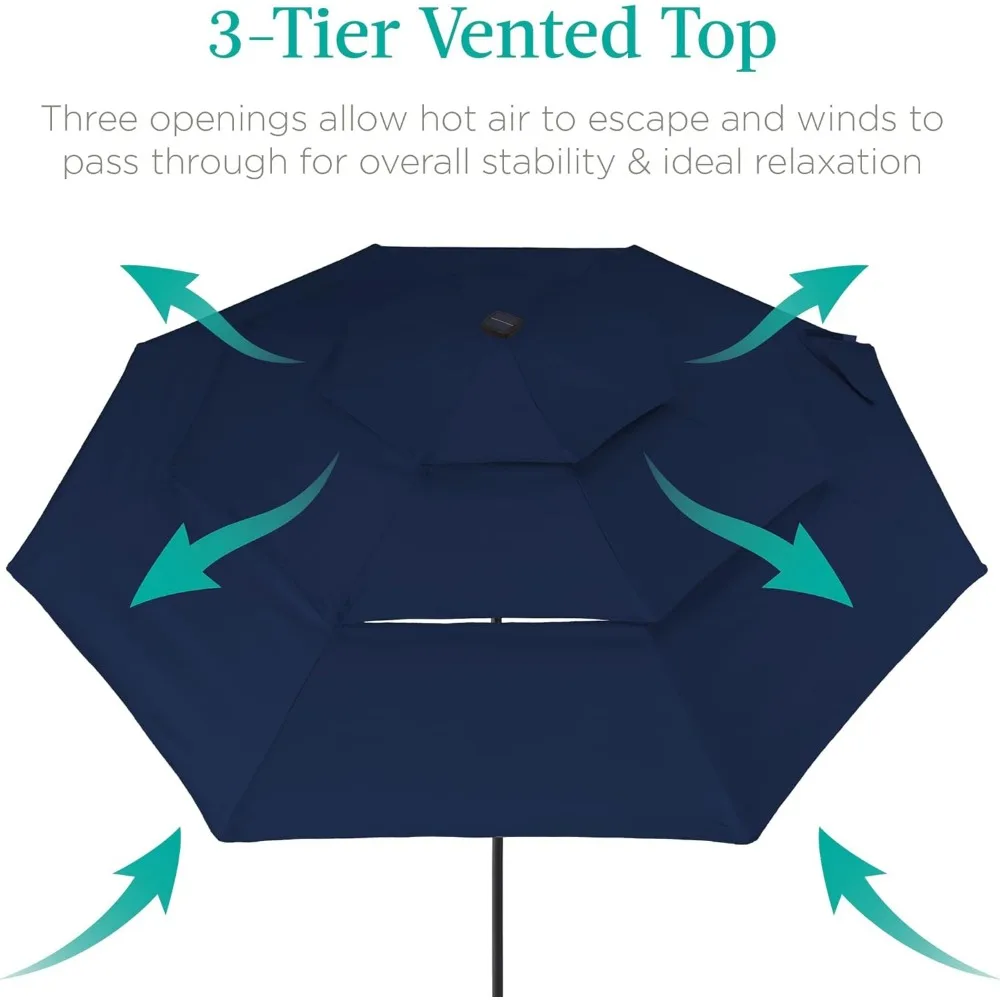 10ft 3-Tier Solar Patio Umbrella, Outdoor Market Sun Shade for Backyard, Deck, Poolside w/ 24 LED Lights, Tilt Adjustment 2
