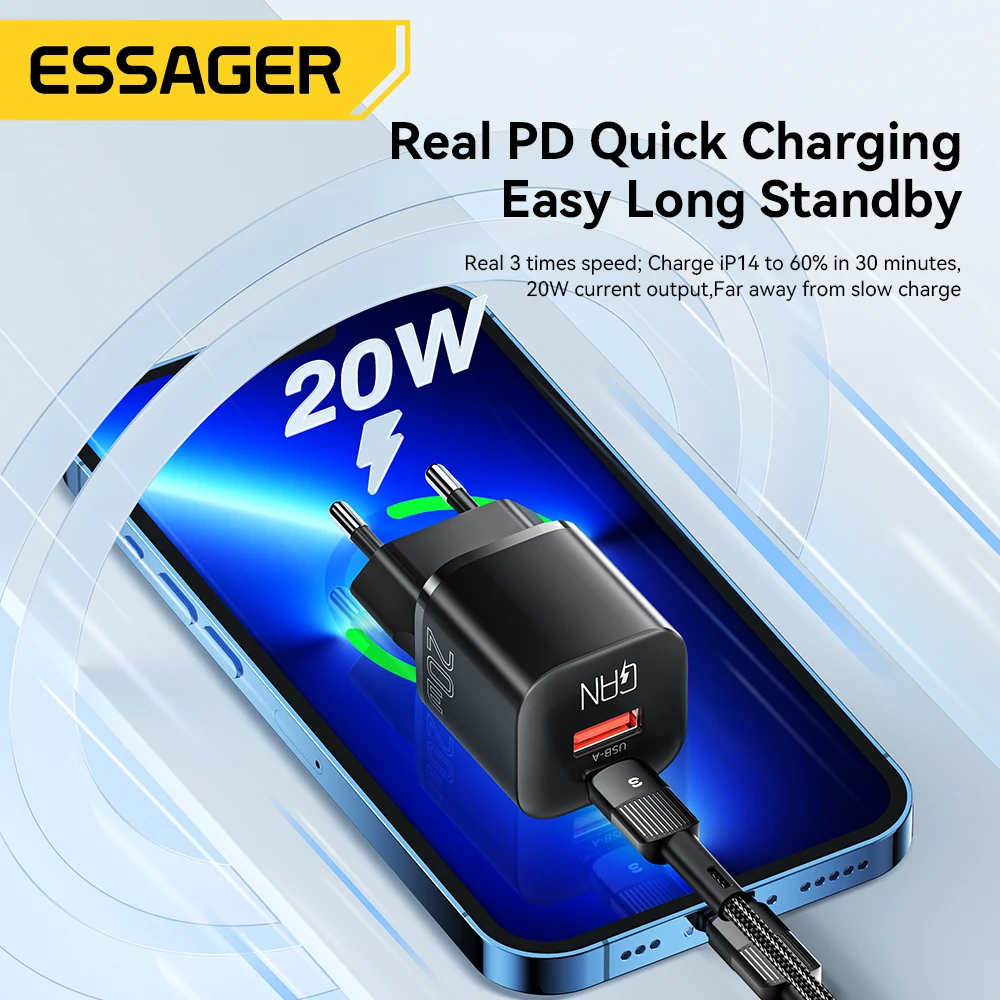 Essager 20W GaN USB Type C Charger PD Fast Charge Phone QC 3.0 Quick Chargers For iPhone 14 13 12 11 Pro Max Mini iPad Charging — view 4