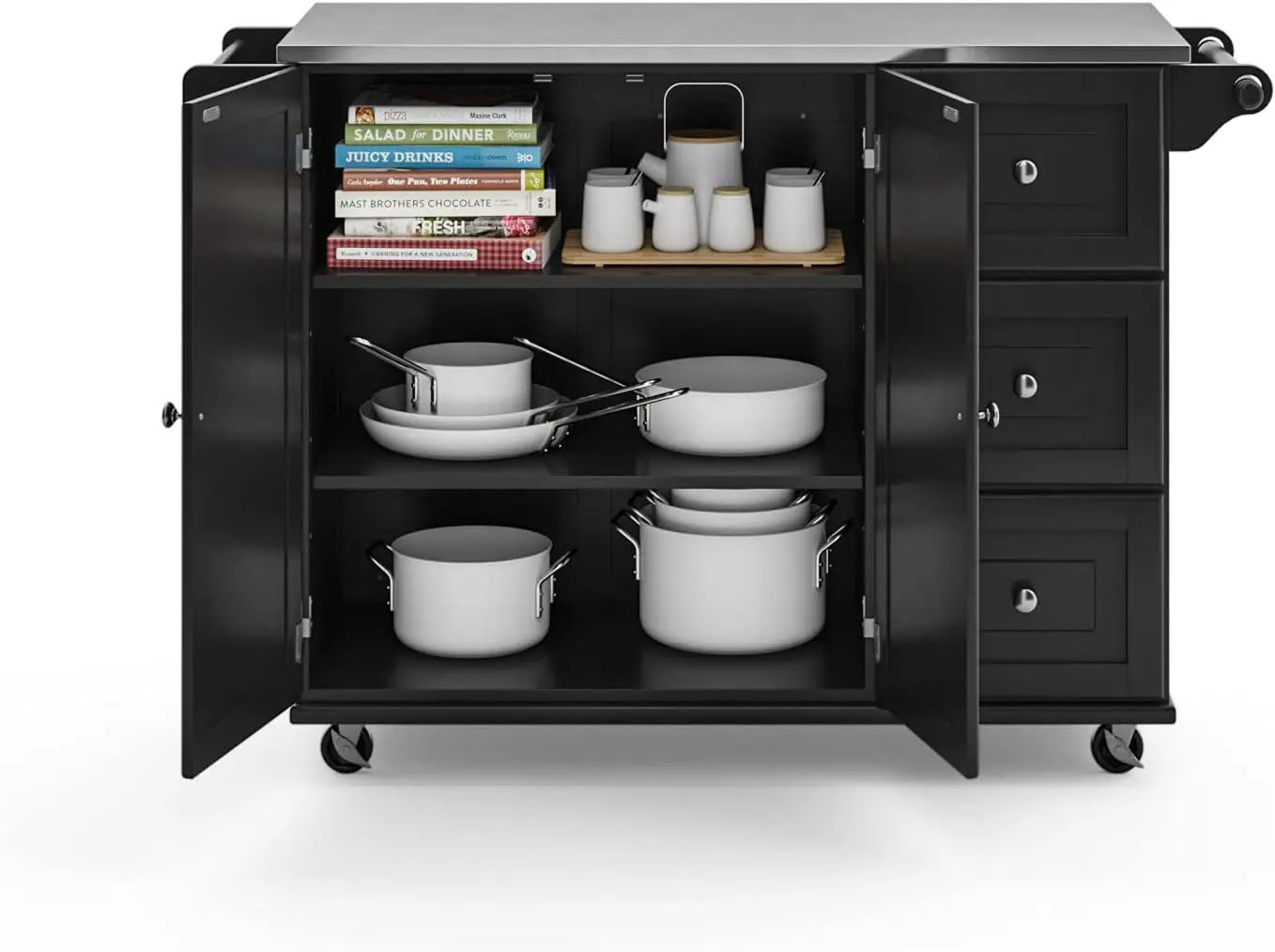 Cart with Stainless Steel Metal Top, Rolling Mobile Kitchen Island with Storage and Towel Rack, 54 Inch Width