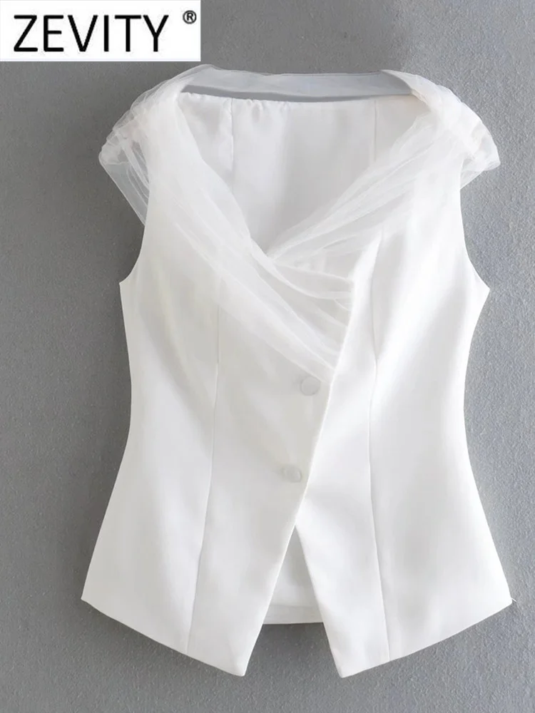 

Zevity Women Fashion Mesh Yarn Patchwork Design White Vest Office Lady Sleeveless Chic Suit Business Slim Waistcoat Tops CT1275