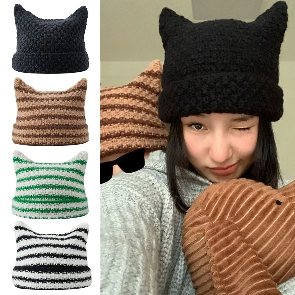 

Skullies Cap Women's Hats Pointed Pullover Cute Cat Ears Ins Little Devil Japanese Beanie Hat Striped Knitted Wool Cap