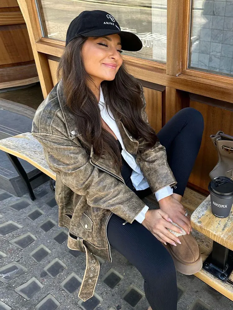 

Women Fashion Short Motorcycle Jacket Casual Loose Female Long Sleeve Overcoat With Belt 2023 Autumn Chic Ladies New Streetwear